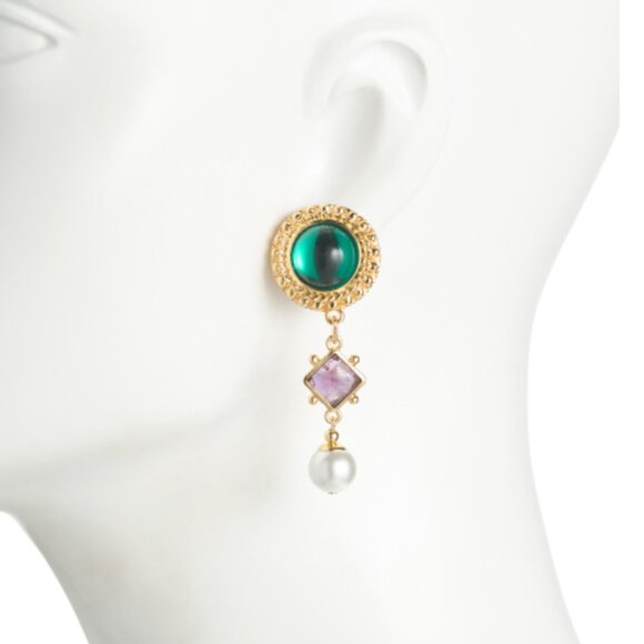 New BEN AMUN Made In USA, 24kt Gold Plated Glass Stone And Faux Pearl Earrings - Picture 3 of 4